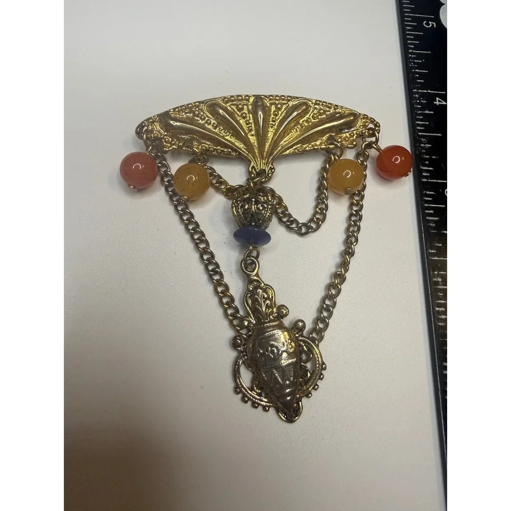Gold Tone Fan Brooch with Dangle Chains Urn Pendant and Colorful Beads